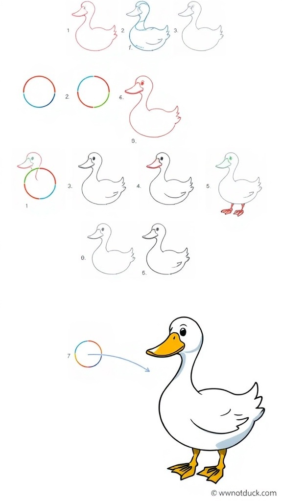 Step-by-step illustrations of drawing a duck, from basic shapes to final colored artwork.